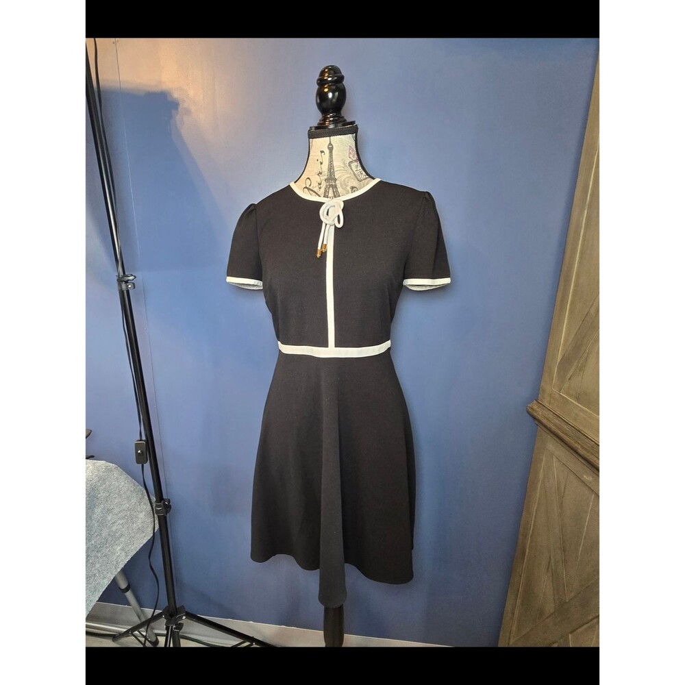 Karl Lagerfeld Paris Dress Womens 2 Black White Fit Flare Tie Neck Puff Sleeve